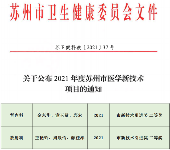 我院肾内科 放射科获市医学新技术引进奖 苏州高新区人民医院